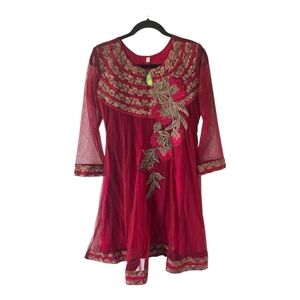 Ladies Art To Wear Red Embellished Indian Dress Sz S Lined Flowy Festival New